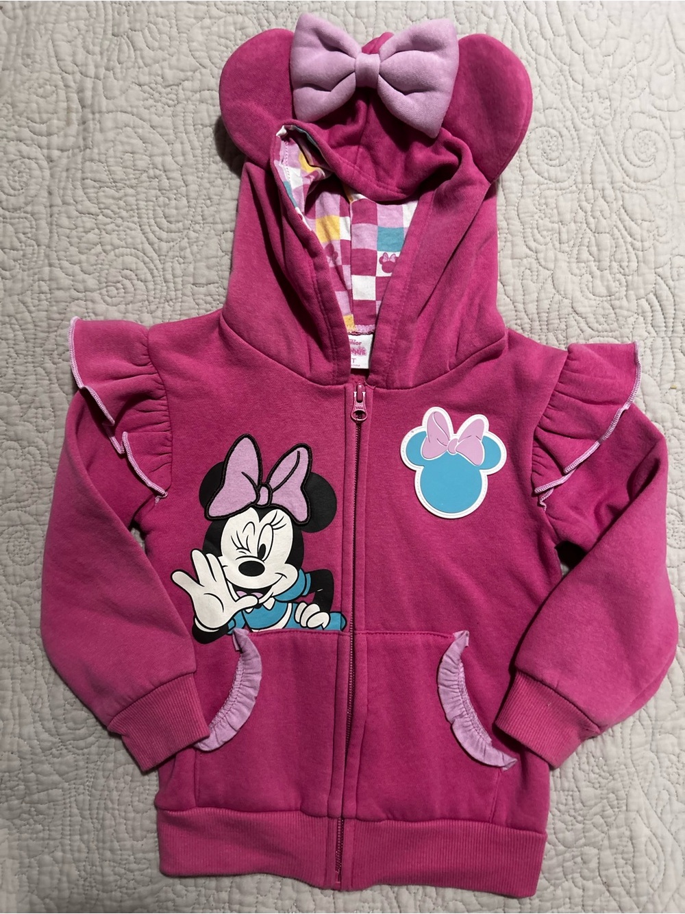 Disney Junior Minnie Mouse Girls Pink Hooded Zip-Up Jacket 4T Ears Bow Ruffles